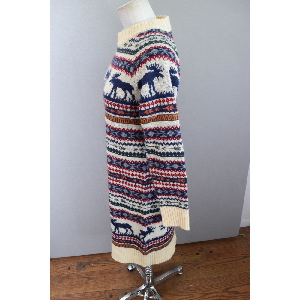 Kiel James Patrick Cozy Cabin Sweater Dress Medium Cream Fair Isle Moose - Picture 2 of 5